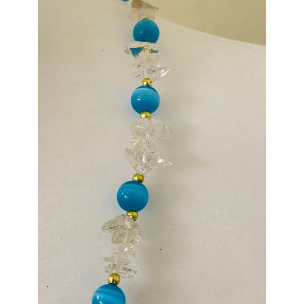 Short Beaded Necklace, Clear Chip Beads with Blue Round Beads, 19" Long - Picture 4 of 6